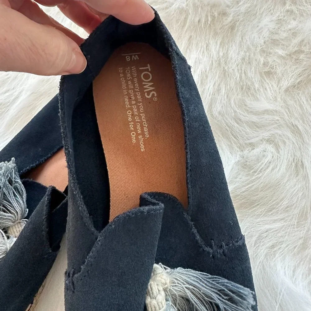 Toms Shoes Espadrilles Suede Tassels Deconstructed Alpargata Blue Sz 8 #10011719